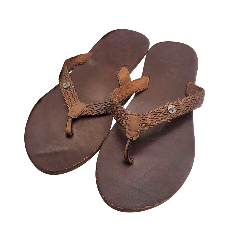 Roxy Womens Braided Thong Sandals Brown Faux Leather Flip Flops Logo Charm